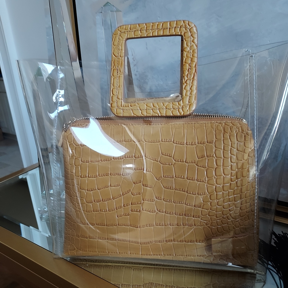 STAUD Yellow Croc-Embossed Bag with Clear Overlay